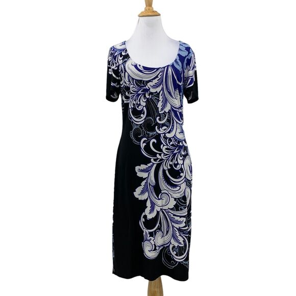 Boston Proper Feather Scroll Sheath Dress Women 10 Black Blue Scoop Neck Stretch - Picture 1 of 12